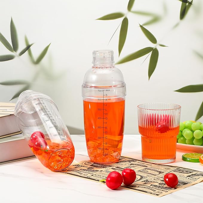 8 Pcs Plastic Cocktail Shaker Drink Mixer with Scales and Strainer Top Clear Shaker Cup with Measurement Plastic Bar Mixing Tool for Tea Coffee Bubble Tea Milk