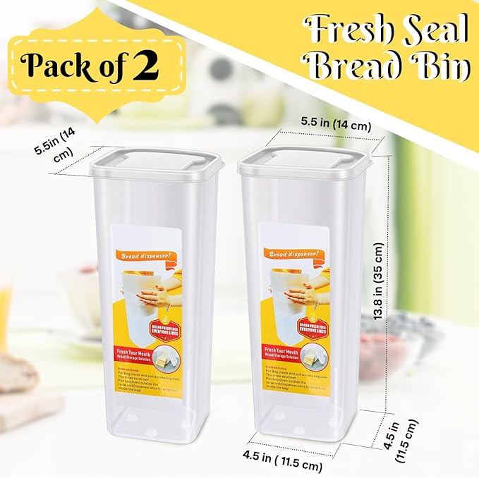 Flexzion 2 Pack Bread Containers Storage Airtight Loaf - Clear Bread Box for Kitchen Countertop BPA-Free Bread Loaf Storage Container Space-Saving & Durable Plastic Bread Container & Dispenser, White