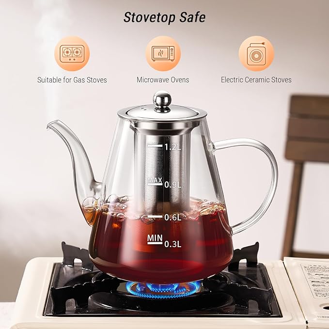 PARACITY Glass Teapot Stovetop 41 OZ/1200ml, Tea pot with Removable Stainless Steel Infuser, Borosilicate Clear Tea Kettle with Scale, Teapot Blooming and Loose Leaf Tea Maker Tea Brewer for Camping