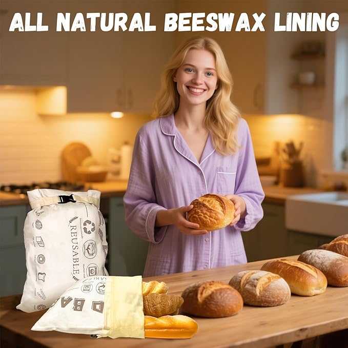 Beeswax Bread Bags for Sourdough, 2 Pack Fresh Bread Storage, Bread Keeper for Homemade Bread, Reusable Beeswax Bread Bag, Large Capacity Portable