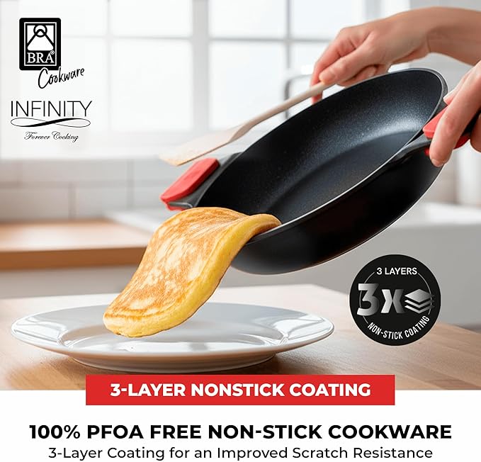 BRA COOKWARE Infinity Dual-Handled Sauté Pan w/Glass Lid | 11-Inch 2.95-Quart Shallow Stock Pot | Nonstick Cast Aluminum Everyday Chef Pan | PFAS Free Rondeau Pot | All Cooktops incl. Induction