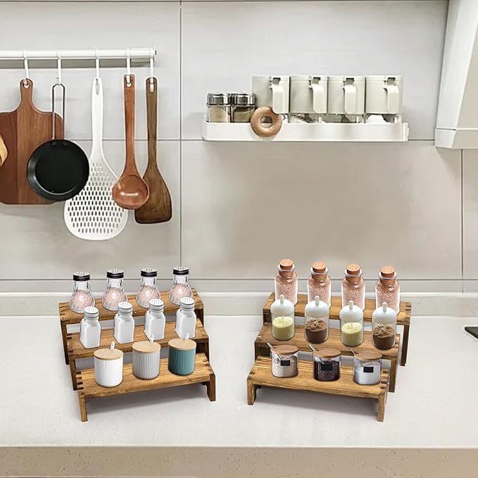 12Pcs Display Riser Wood Risers Cupcake Stand 3 Tier Racks Decorative Rectangular, 4 Set Cologne Perfume Organizer Dessert Stands for Vendors Event