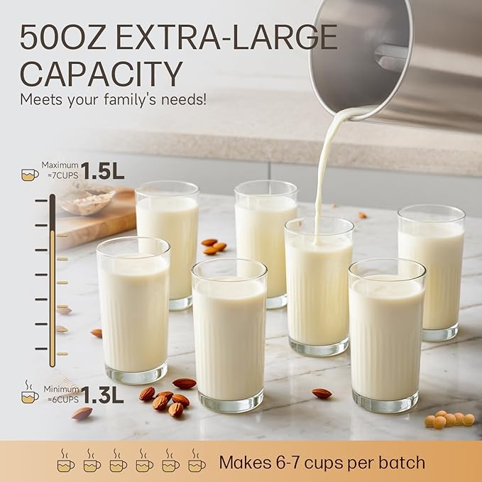 304 Stainless Steel Almond Milk Maker Machine (Built-in Filter) 50oz 6-7 Cups Per Batch, 8-IN-1 Cooking Blender Make Plant Based Nut Milk, Soy Oat Milk, Soup & Juice, Automatic Cleaning (Silvery)