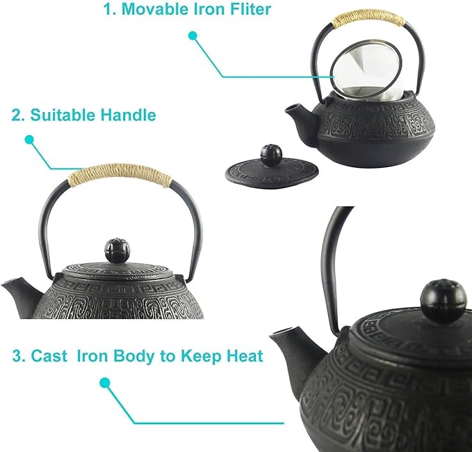 Hwagui - Japanese Cast Iron Teapot With Stainless Steel Tea Infuser, Tea Kettle Stovetop Safe 600ml/20oz