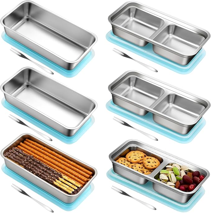 Stainless Steel Snack Containers with Lids, Reusable Bento Lunch Container Box, Food Storage, Leak Proof, Dishwasher-Safe, Grab and Go for Work, 3 Single + 3 Double Compartment