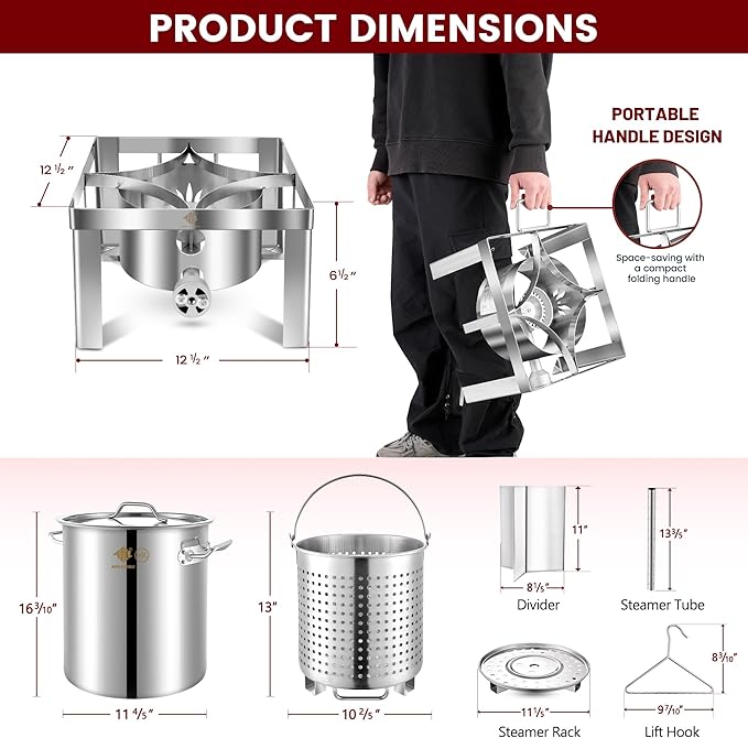 ARC Stainless Steel Stock pot with Propane Burner, Seafood Boil Pot with Basket and Steamer, Cookware for Crawfish Crab Shrimp Lobster Boiling Pot, Turkey Fryer Pot (Stainless Steel Pot with Burner)