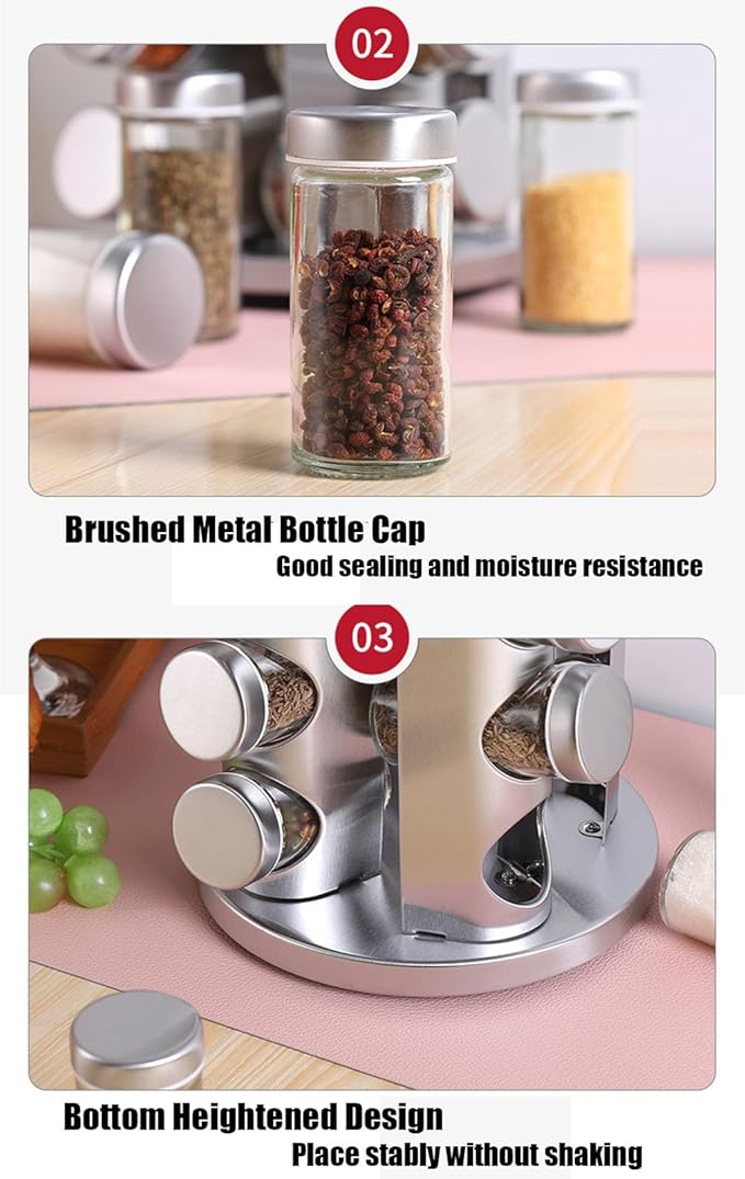 Spice rack-Revolving Spice Rack Set, Kitchen Spice Tower Organizer for Countertop or Cabinet -Desktop Rotating Seasoning Organizer(Stainless Steel) (Silver, 12-Jar)