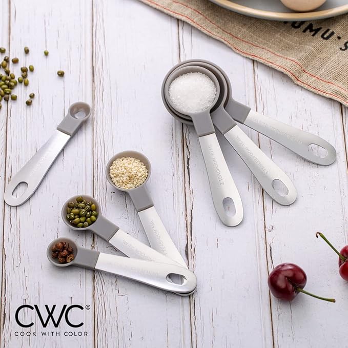 COOK WITH COLOR Measuring Cups Set and Measuring Spoon Set, Stainless Steel Handles, Nesting Kitchen Measuring Set, Liquid Measuring Cup Set, 12 PC Stainless Steel, Black and White Collection