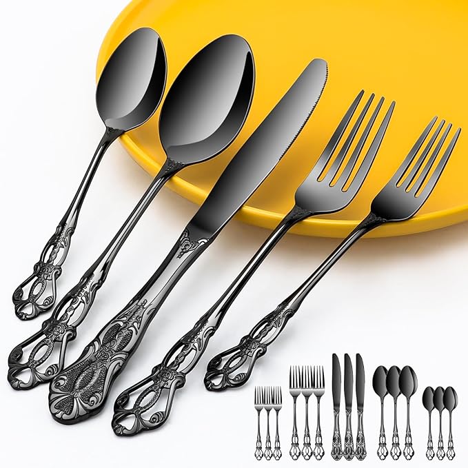 20 Piece Silverware Set Service for 4,Premium Stainless Steel Flatware Set,Mirror Polished Cutlery Utensil Set,Durable Home Kitchen Eating Tableware Set (Black)
