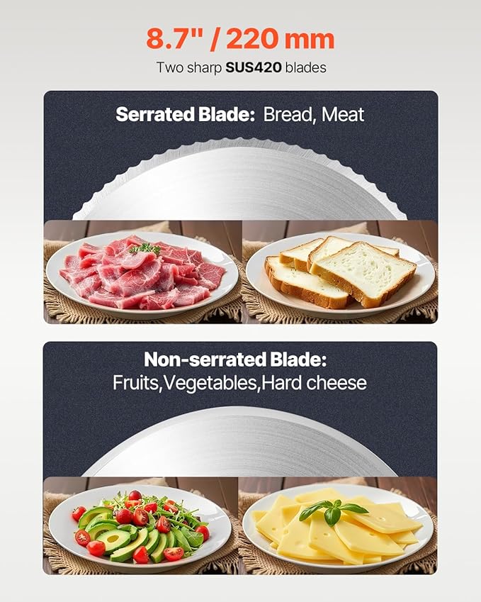 VEVOR Meat Slicer, 8.7 inch Electric Deli Food Slicer with Two Premium SUS420 Blades, 0-0.6 inch Adjustable Thickness, 180W Food Slicer Machine for Meat, Hard Bread and Cheese, Home Use