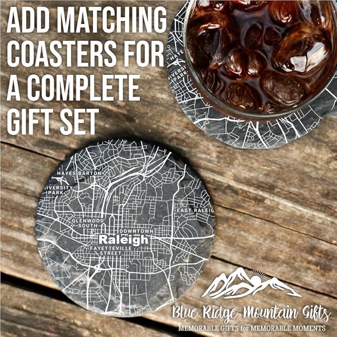 Blue Ridge Mountain Gifts - Raleigh Souvenir - North Carolina Glassware Gift, Etched City Map, Laser Engraved and Dishwasher Safe