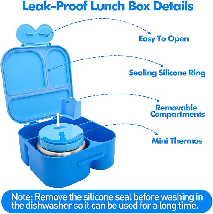 Lunch Box with Bento Box with 4 Compartment, with Leak Proof Thermo Food Jar, Preppy Corduroy Insulated Lunch Bag for Boys Girl Kids Teens School Travel Picnic (Blue)
