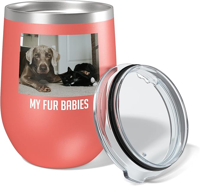 Personalized Mothers Day 12oz Photo Printed Insulated Stainless Steel Powder Coated Stemless Wine Tumbler with Lid, Customized Mom Gift Idea For Her, Custom Mum Team Mom Dad (Coral)