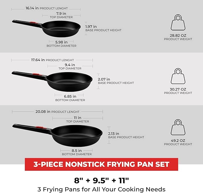 BRA COOKWARE Infinity 3-Piece Nonstick Frying Pan Set | 8, 9.5 & 11 Inch Cast Aluminum Skillet Set | PFOA/PFAS Free Fry Pans | All Cooktops incl. Induction | Oven Safe Searing Skillets