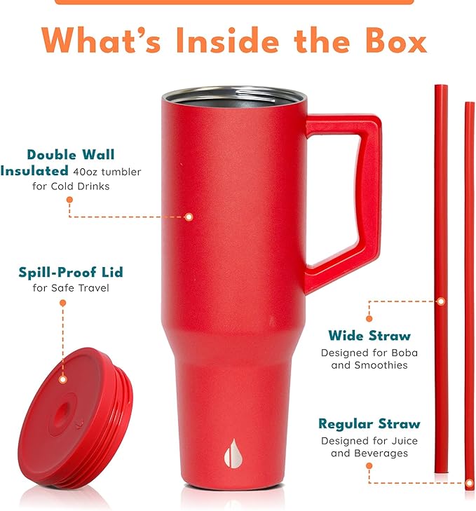Elemental 40 oz Tumbler with Handle and Straw - Spill Proof Insulated Stainless Steel Commuter for Hot and Cold Beverages - Travel Coffee Mug with 2 Straws & Spill Proof Lid - 40oz - Red