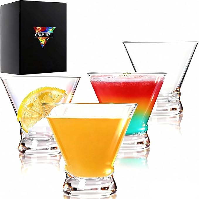Martini Glasses Set of 4 - Crystal Cocktail Glasses, Stemless Martini Glass for Bar, Martini, Cosmopolitan, Manhattan, Gimlet, Pisco Sour Brandy, Margarita Glasses, Dessert Cups, Sake Cup, 8oz