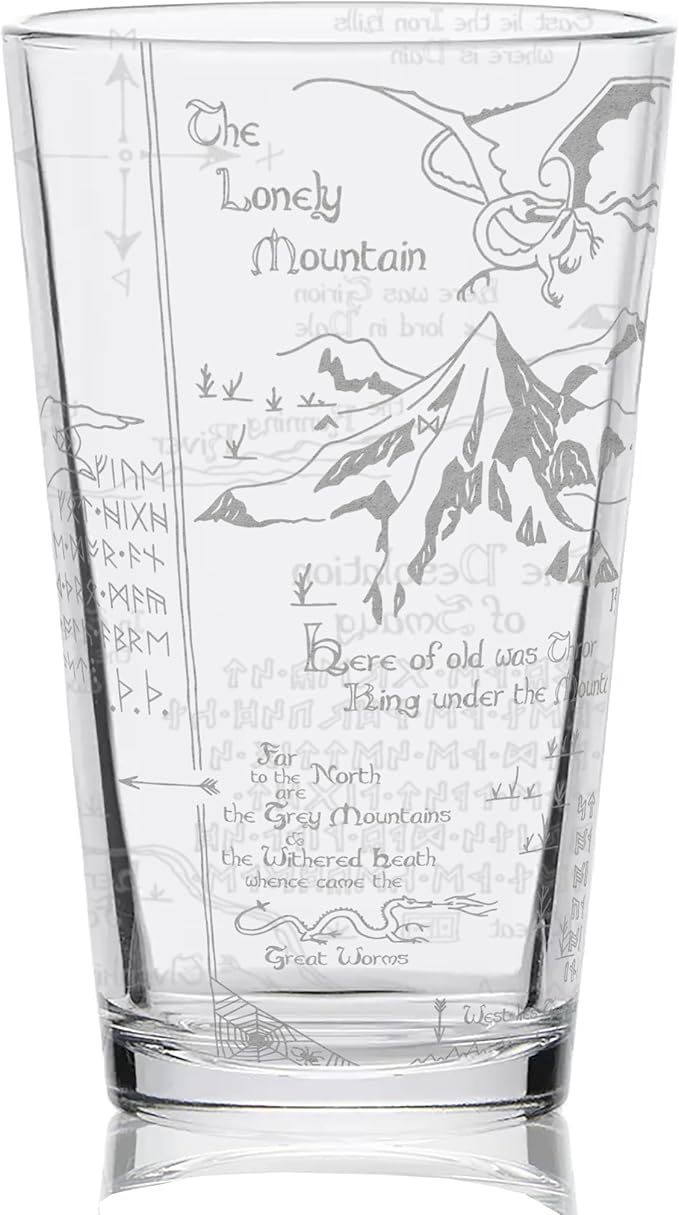 MAP OF EREBOR & THE LONELY MOUNTAIN Engraved 16oz Pint Glass | Inspired by Tolkien Power Ring and Middle Earth | Great Christmas Gift Idea | Unique Elvish Fantasy Wizard Fantasy Decor!