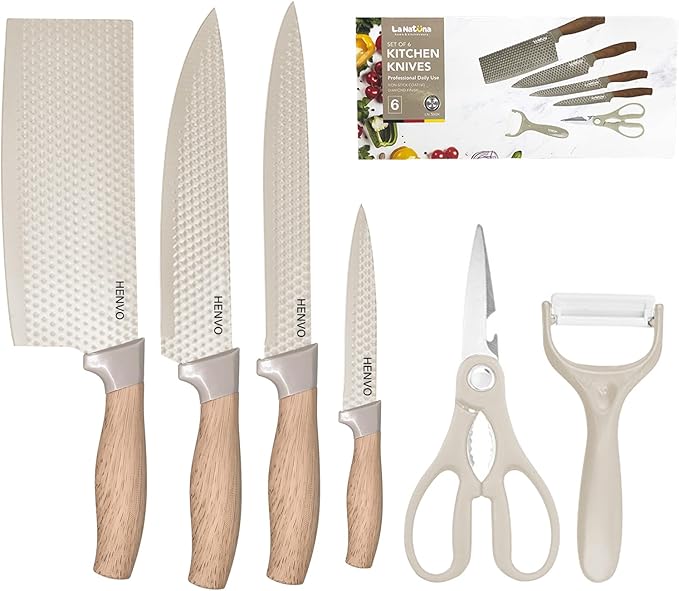 Kitchen Knife Set, 6 Piece Nonstick Ceramic Knife Set Anti-Rust Kitchen Knives with Ergonomic Handles (Khaki)
