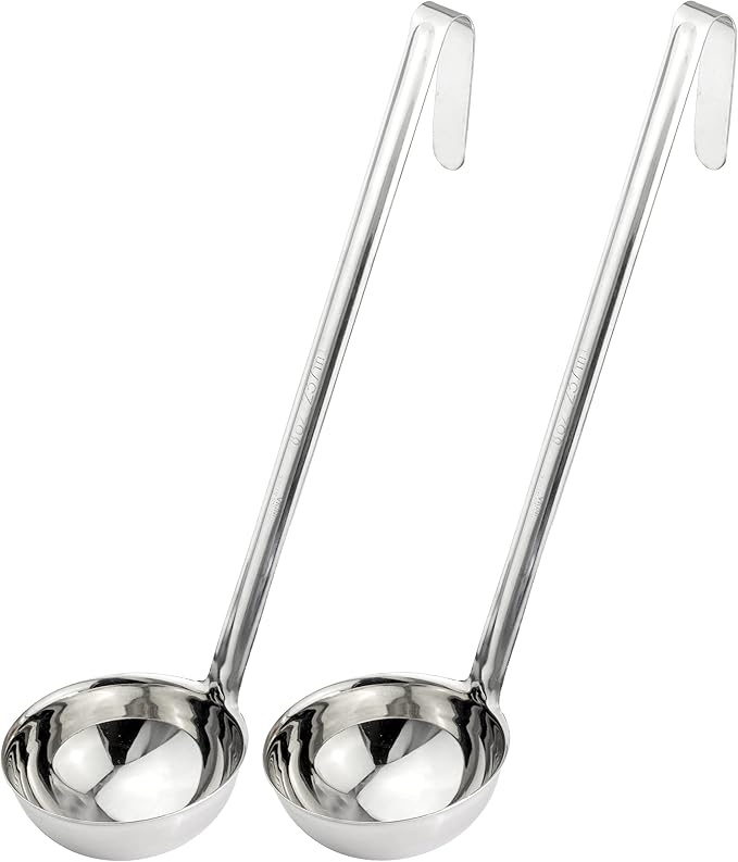 Fit Meal Prep [2 Pack] Stainless Steel Soup Ladle - One-Piece Sauce Spatula w/Hook Handles, Commercial Grade Serving Spoon, Kitchen Tool for Restaurant or Home Cooking, Mirror Finish, 14.25" Long