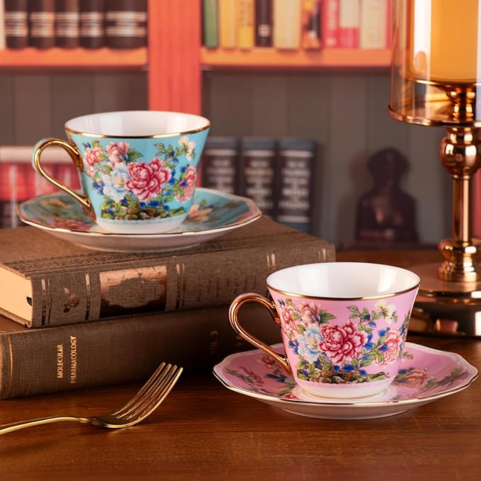 KAMMAK Ceramic Coffee Cups and Saucers Set of 2, Porcelain Espresso Cups with Saucers, 7oz Handcrafted Ceramic Floral Coffee and Tea Cup, Vintage Drinkware for Tea Party, Office, Women Gifts