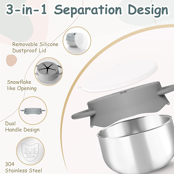 2 Pack 3-in-1 Stainless Steel Snack Containers for Toddlers with Spill-Proof Silicone Lids & Dual Handles - Baby Snack Box, Toddler Snack Cups, Perfect for Healthy Eating (Dark Grey+Light Grey)