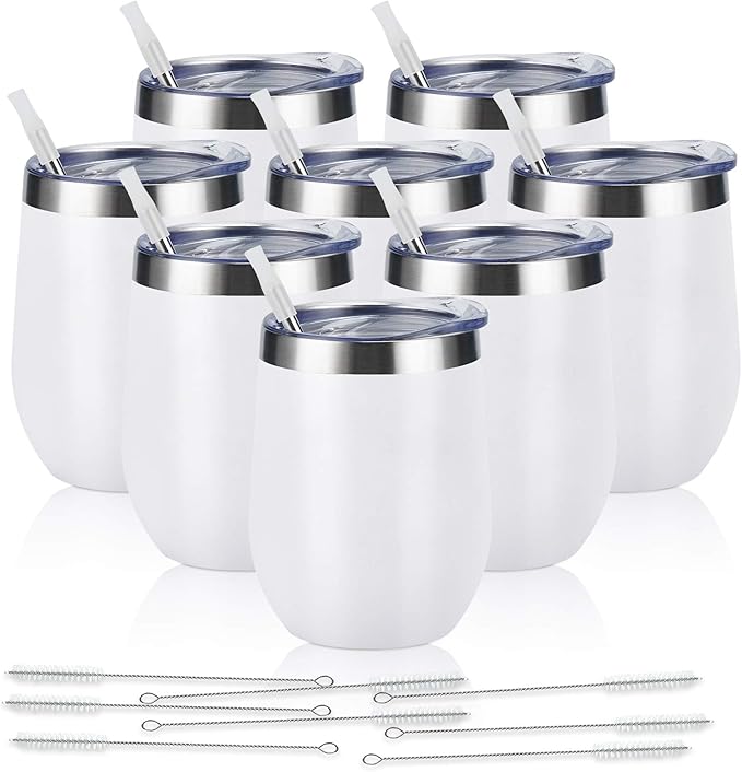8 Pack 12Oz Stainless Steel Wine Tumblers, Insulated Wine Tumbler, Double Wall Insulated Wine Glass, Stainless Steel Stemless Wine Cups with Lids for Coffee, Wine, Cocktails, Champaign, White