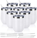 8 Pack 12Oz Stainless Steel Wine Tumblers, Insulated Wine Tumbler, Double Wall Insulated Wine Glass, Stainless Steel Stemless Wine Cups with Lids for Coffee, Wine, Cocktails, Champaign, White