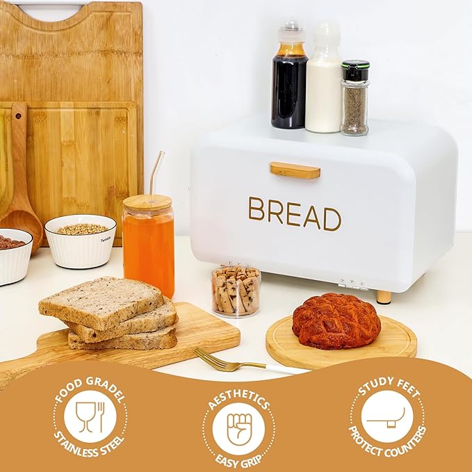 White Bread Box for Kitchen Countertop - Large Capacity Bread Storage Container Farmhouse Bread Box - Stylish Metal Bread Keeper