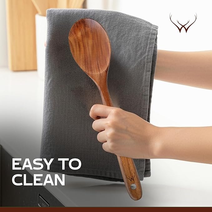 12" Long Handle Teak Wooden Spoon for Cooking with Large Teak Spoon Rest - Premium Wooden Spoons For Cooking - Wooden Kitchen Utensil Set, Essential Wood Utensil Set for Kitchen & Perfect for Gifts