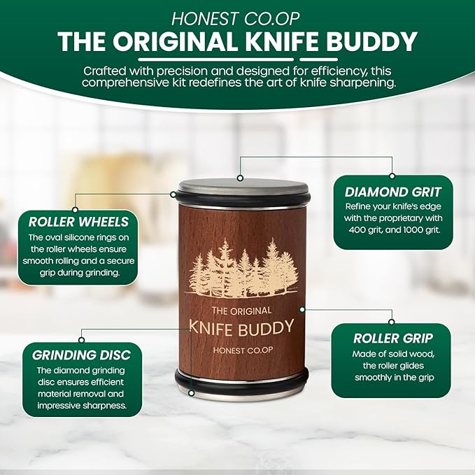 Rolling Knife Sharpener Kit – Magnetic Tumbler Sharpener with Diamond & Ceramic Discs – 15° & 20° Angle Guide – Razor Sharp Kitchen & Chef’s Knives – Premium Wood Design by Honest Co.op