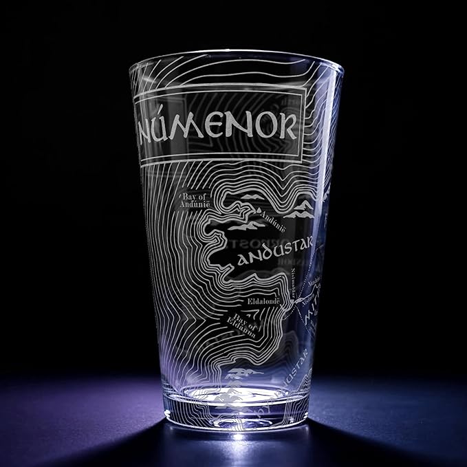 MAP OF NUMENORE Engraved 16oz Pint Glass | Inspired by Tolkien Power Ring and Middle Earth | Great Christmas Gift Idea | Unique Elvish Fantasy Wizard Fantasy Decor!