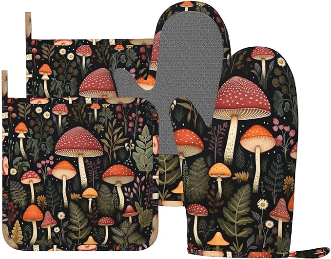 Oven Mitts and Pot Holders Mushroom Botanical Leaf Vintage Silicone Kitchen Accessories Set of 4 Heat Resistant Long Gloves Potholder Non-Slip Grip for Chef Cooking Baking Grilling BBQ