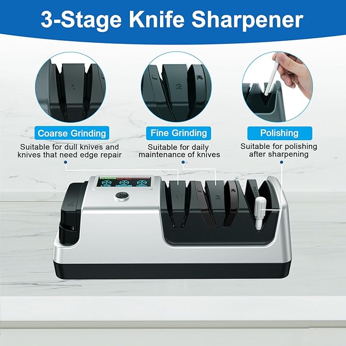 Upgrade 5-in-1 Electric Knife Sharpener, Professional 3-Stage with LCD Screen, 100% Diamond Abrasives, 3 Rotational Speed Adjustable, knife sharpener for Straight, Serrated, Meat Cleaver, Scissors