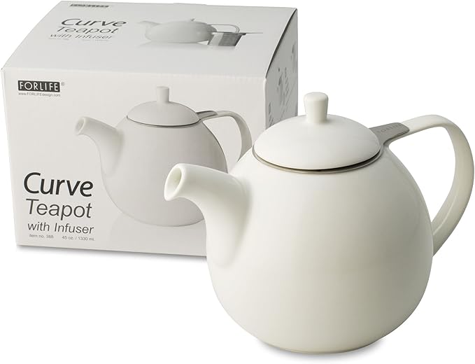 FORLIFE Curve Teapot with Infuser, 45-Ounce, White