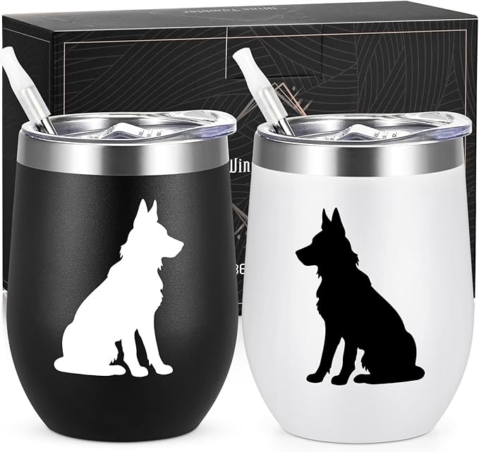 Lifecapido German Shepherd Gifts, German Shepherd Silhouette Insulated Wine Tumbler Set of 2, Unique Christmas Birthday Dog Lovers Gifts for German Shepherd Owners