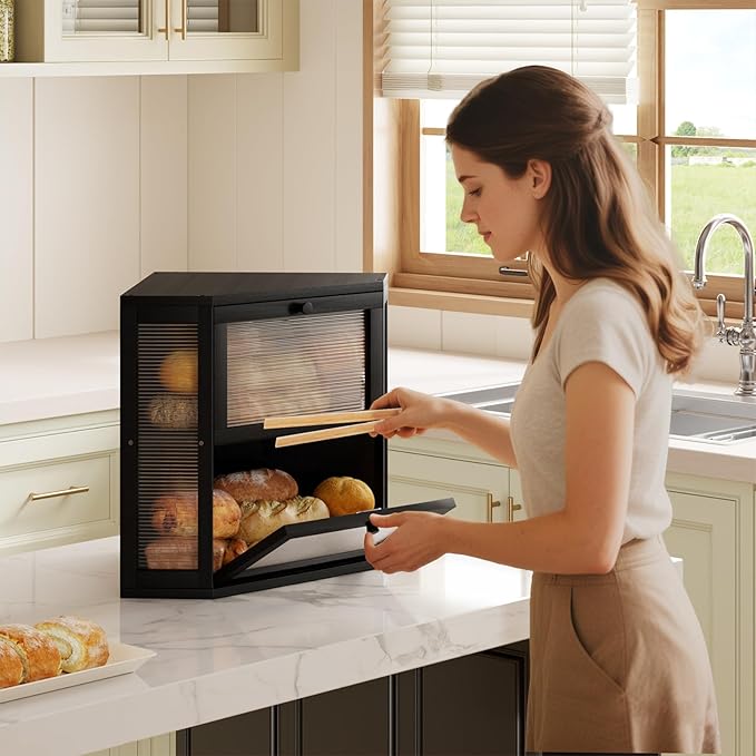 WOWLIVE Corner Bread Box for Kitchen Countertop, Double Layer Bamboo Bread Storage Container, Large Farmhouse Bread box with Acrylic Wavy Door Panel, Under Cabinet Organizer (Black, Medium)