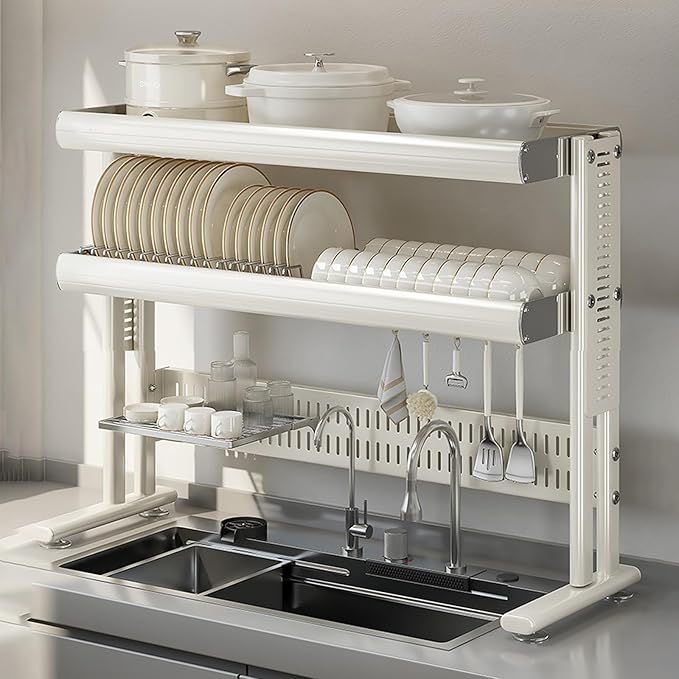 Large Over The Sink Dish Drainer Drying Rack，2 Tier Large Capacity Stainless Steel Dish Drying Rack Over Sink, Multifunctional Kitchen Organizers and Storage Dish Rack (White, Double Layer)