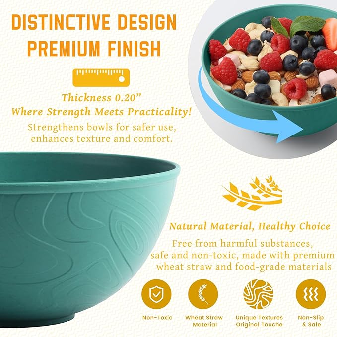 Homienly Wheat Starw Bowls, Bowl Set, Large Cereal Bowls, Serving Bowl Set of 6, Microwave and Dishwasher Safe, 40 OZ, Large Bowls for Salad, Soup, Ramen, Fruit,Dinner, Reusable, Stackable - Green