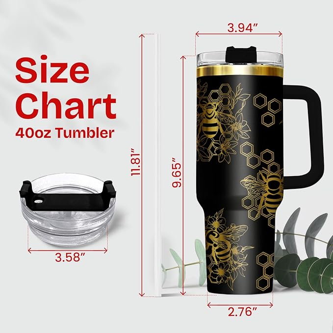 34HD Honey Bee Tumbler with Handle & Straw, 40oz Stainless Steel Vacuum Insulated Christian Coffee Mug, Bee Gifts for Birthday Mothers Day Christmas, Gifts for Women Teachers Mom Daughter Friend