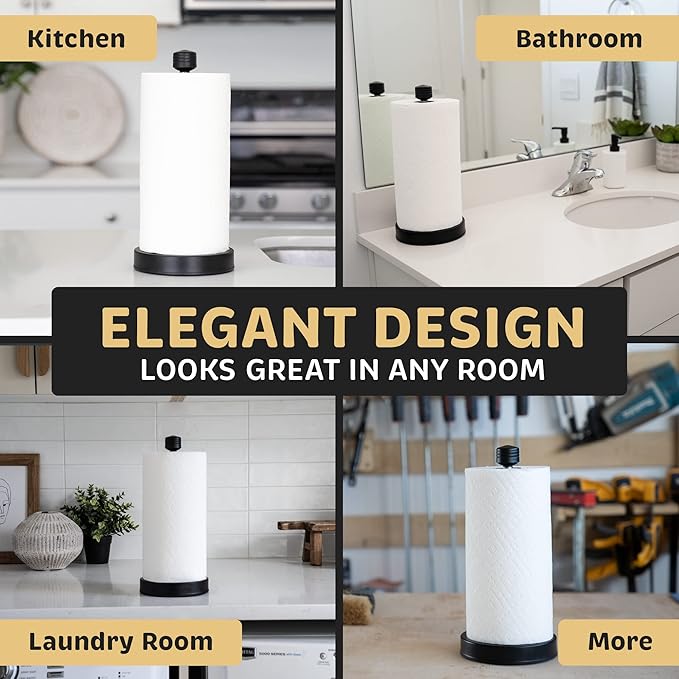 Dear Household Stainless Steel Paper Towel Holder Easy One-Handed Operation - This Sturdy Weighted Paper Towel Dispenser Countertop Model Has Suction Cups and Holds All Paper Towel Rolls - Black
