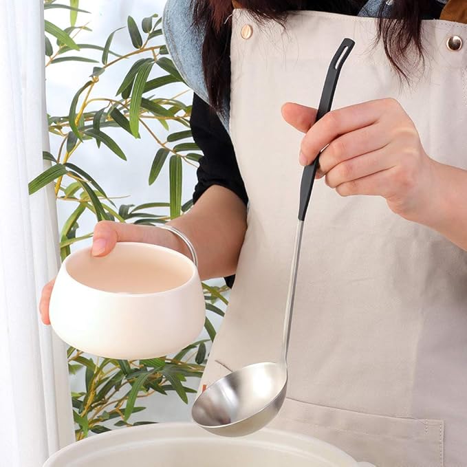 Buyer Star 2 Pcs Soup Ladle Colander, Silver Black Cookware Serving Long Handle Steel Slotted Spoon Cooking Utensil Set for Hotpot