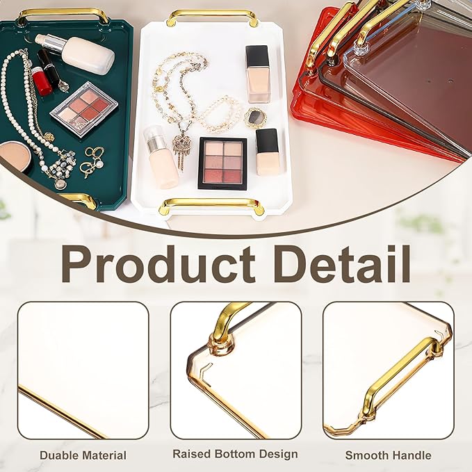 uxcell Plastic Serving Tray with Golden Handle, 12 x 8.6 Modern Rectangular Decorative Tray Acrylic Reusable Tea Platter for Countertop Bathroom Kitchen Home Restaurant, Gold