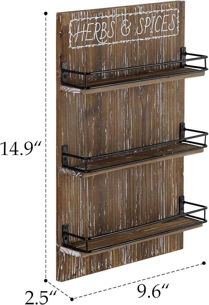 Farmhouse Wall Mount Spice Rack, Brown Wooden 3-Tier Shelf Organizer, Kitchen Pantry Wall-mounted Space Saving Storage Holder for 18 Jars