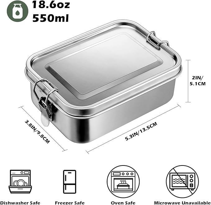 Leonyo 2 Pack 18.6oz 18/10 Stainless Steel Lunch Box, 550ml Mini Reusable Metal Bento Box, Leak-Proof Small Food Snack Containers for Camping, Dishwasher Safe, Oven Safe Except for Lid
