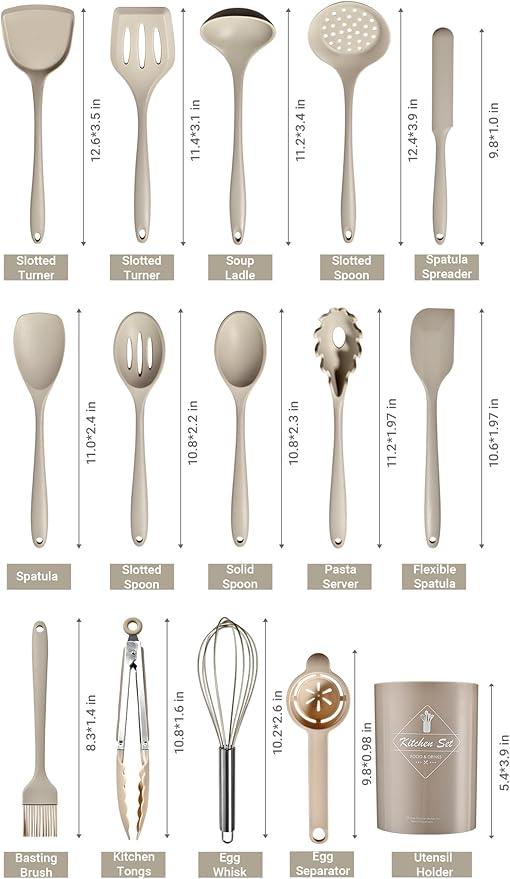 Silicone Kitchen Utensils Set - 15 Pieces Non Toxic Silicone Utensils Set For Cooking，428°F Heat Resistant Food Grade Kitchen Tools，Dishwasher Safe(Khaki, 15 Piece Set)