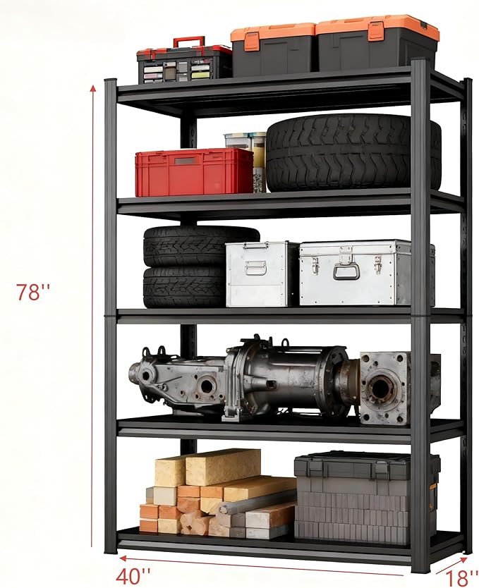 78''H Metal Garage Shelving Unit ,5-Tier Garage Storage Shelves Heavy Duty，Adjustable 3020 lbs Shelf, Upgraded Reinforced Double-Layer Columns for Basement Kitchen Laundry Room Pantry Rack 40''W*18''D