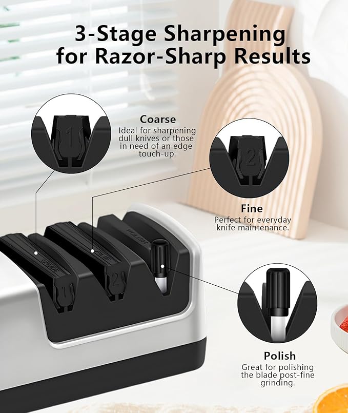 Professional Electric Knife Sharpener – Precision Sharpening for Kitchen Knives, Scissors & More – Diamond Abrasives & 3-Stage System - Silver