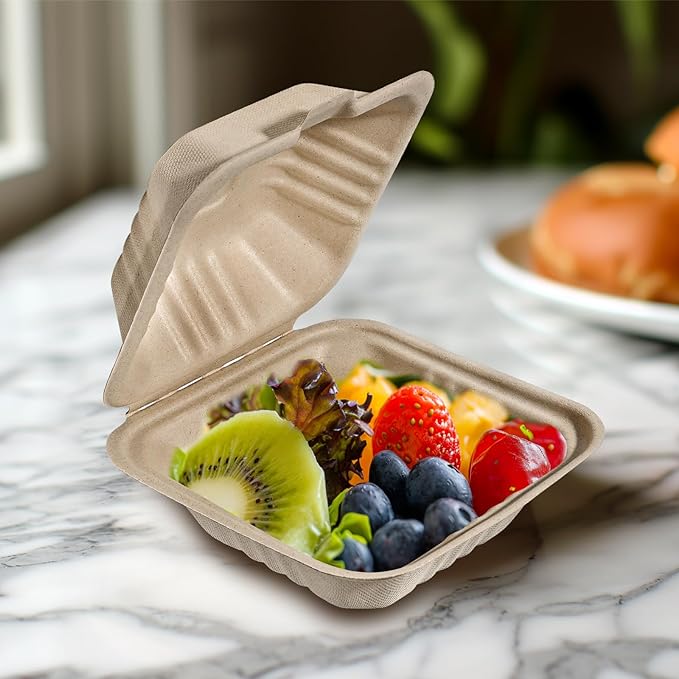 Aricsen Compostable 100 Pack 6x6 Inch Disposable Square Small Lunch Box Takeout Containers with Lid To Go Take Out Clamshell for Food, Eco-Friendly Biodegradable Bagasse, PFAS-Free, Unbleached Brown