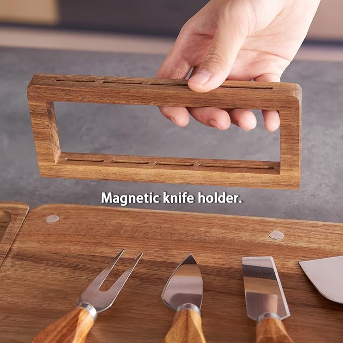 Large Acacia Wood Charcuterie Board Set, 25-inch 3-Piece Tray with 4 Knives & Magnetic Holder, Long Round Cheese & Appetizer Platter for Serving, Crackers, Snacks