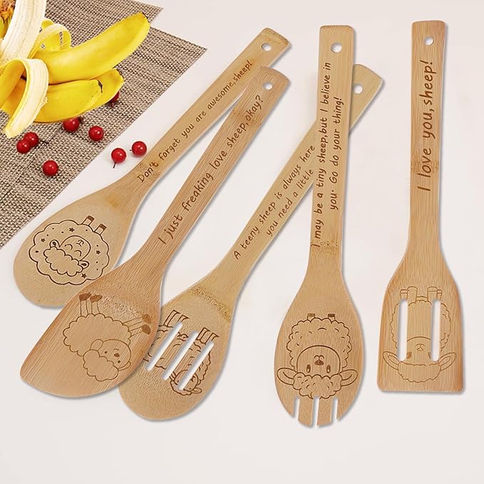 5PCS Sheep Wooden Cooking Spoons Set Sheep Gifts for Women Kitchen Decor Bamboo Cooking Utensil Spoons for Housewarming Wedding Anniversary Thanksgiving Christmas Gifts Mom Women